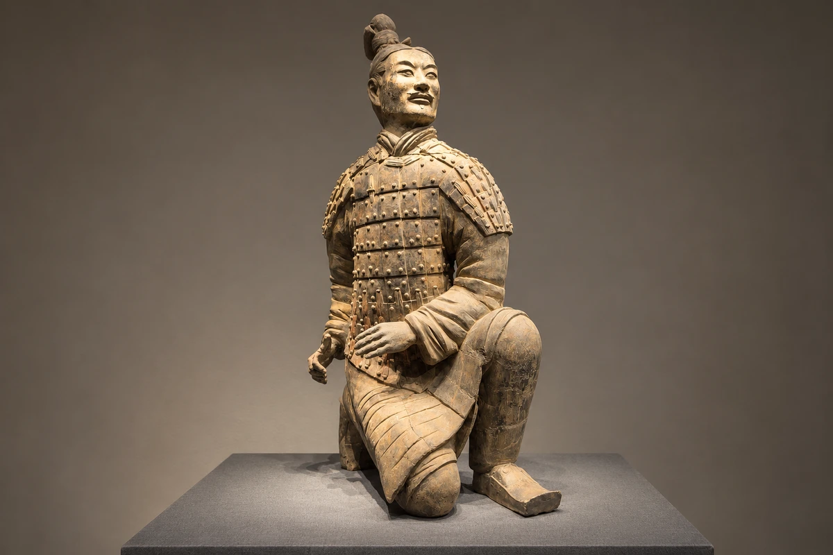 跪射俑:一膝着地、另一腿支撑身体,甲片、发髻和手势共同记录弩兵的准备姿态。