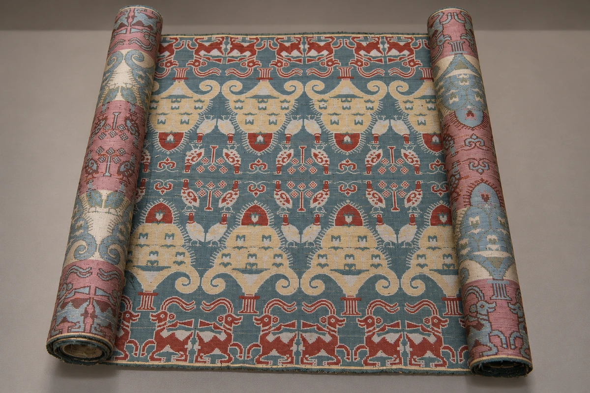 绿地对鸟对羊灯树纹锦（展陈局部）：对鸟、对羊与树形纹样在绿色锦地上重复，展陈局部让图案和经纬结构同时成为观察对象。