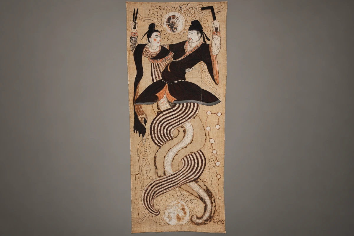 彩绘伏羲女娲麻布画:交缠的蛇身、人物上身与天体图像,把唐代墓葬中的宇宙观组织在一幅保存有缺损的画面上。
