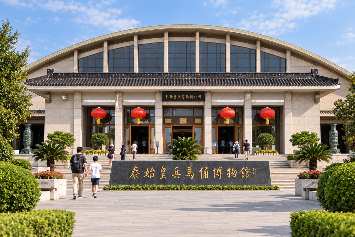 走向一号坑：参观者从门前通道走向一号坑保护大厅，屋顶与人体形成鲜明尺度对比；人物和活动为AI演绎。