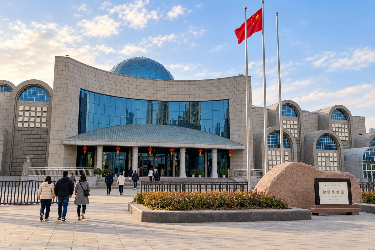 主楼前的相伴与停留：参观者在一期主楼入口前相伴走近，曲线门厅与浅色石材呈现人的尺度；人物和活动为AI演绎。