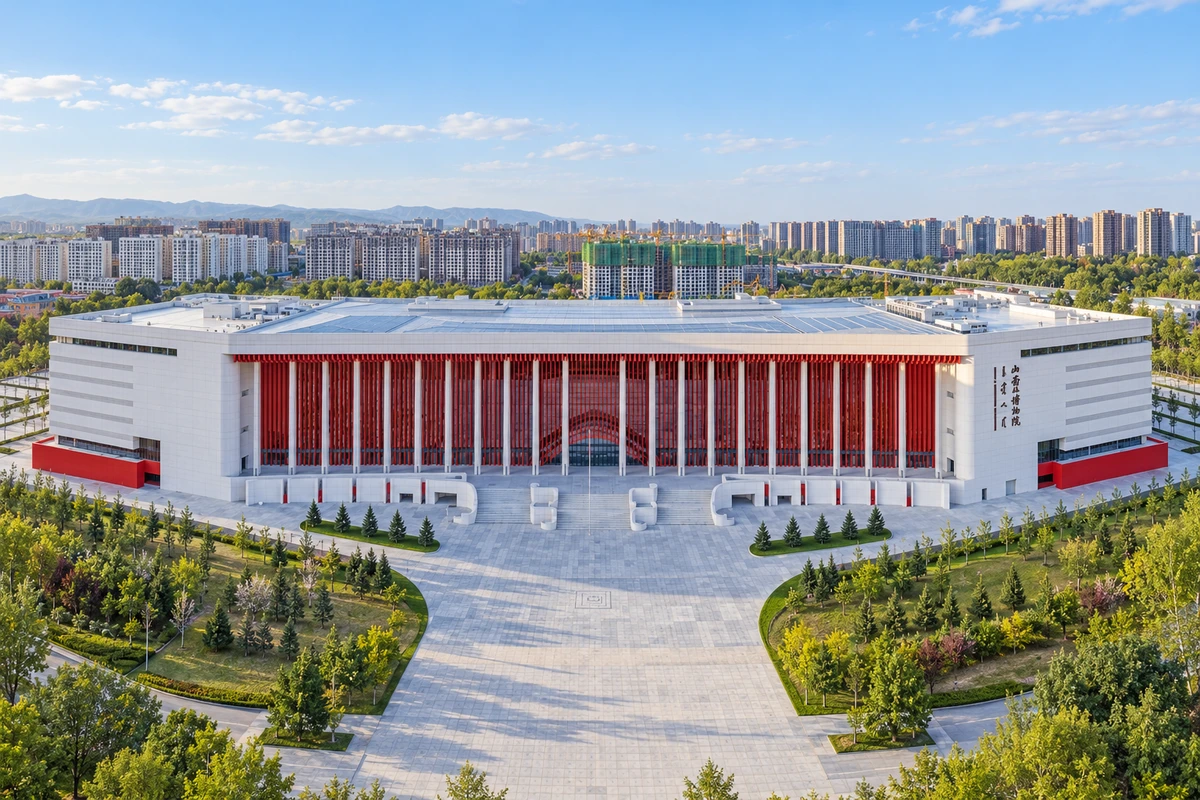 内蒙古博物院:2025年新馆的红白立面正面全景,策展生成影像
