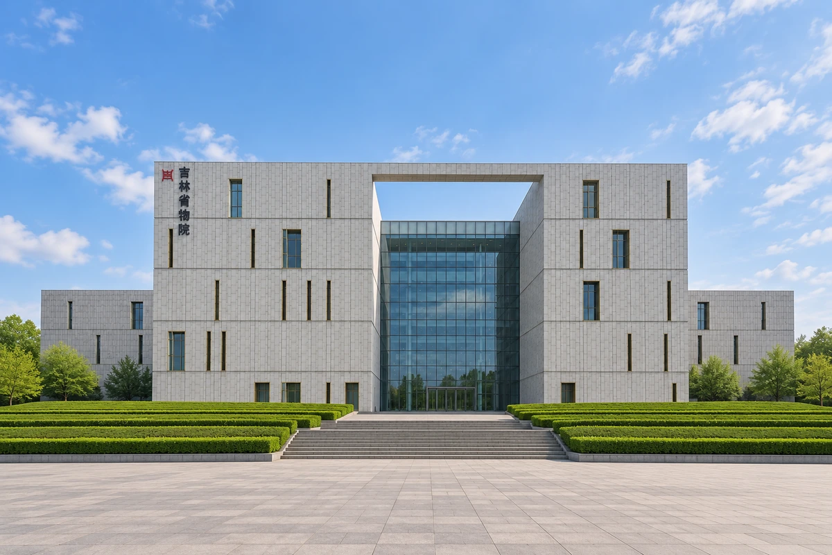 吉林省博物院:净月馆舍的石材体块正面全景,策展生成影像