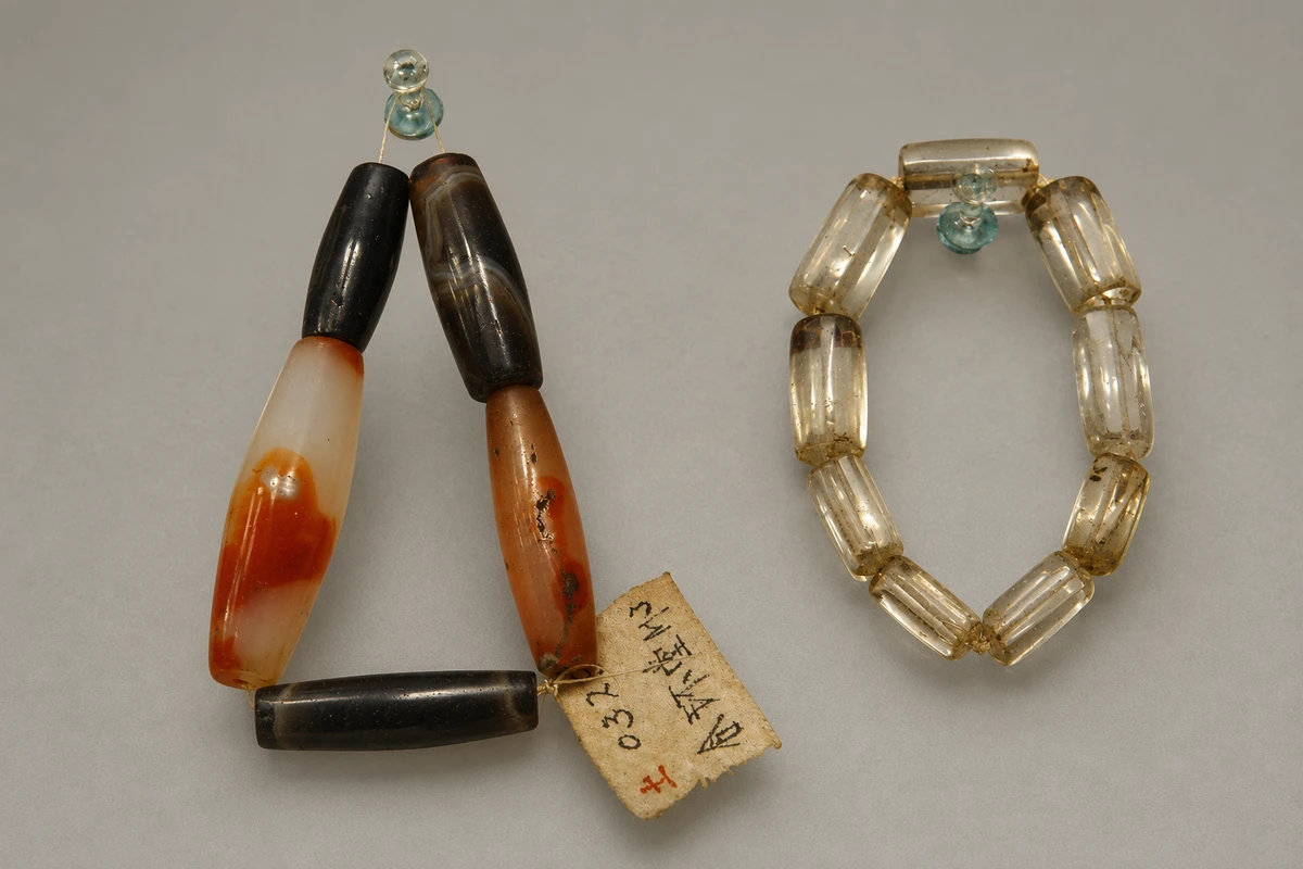 玛瑙与水晶串珠组：两组不同材料的珠饰并列，颜色、切磨形状与孔道展示海贸遗物中精细的加工选择。
