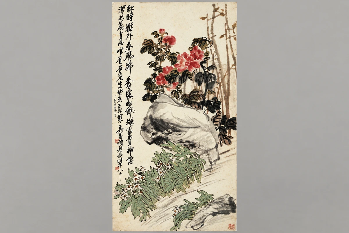 吴昌硕牡丹水仙图：牡丹的浓重花叶与水仙的线条相互穿插，笔墨节奏在题款和留白之间展开。