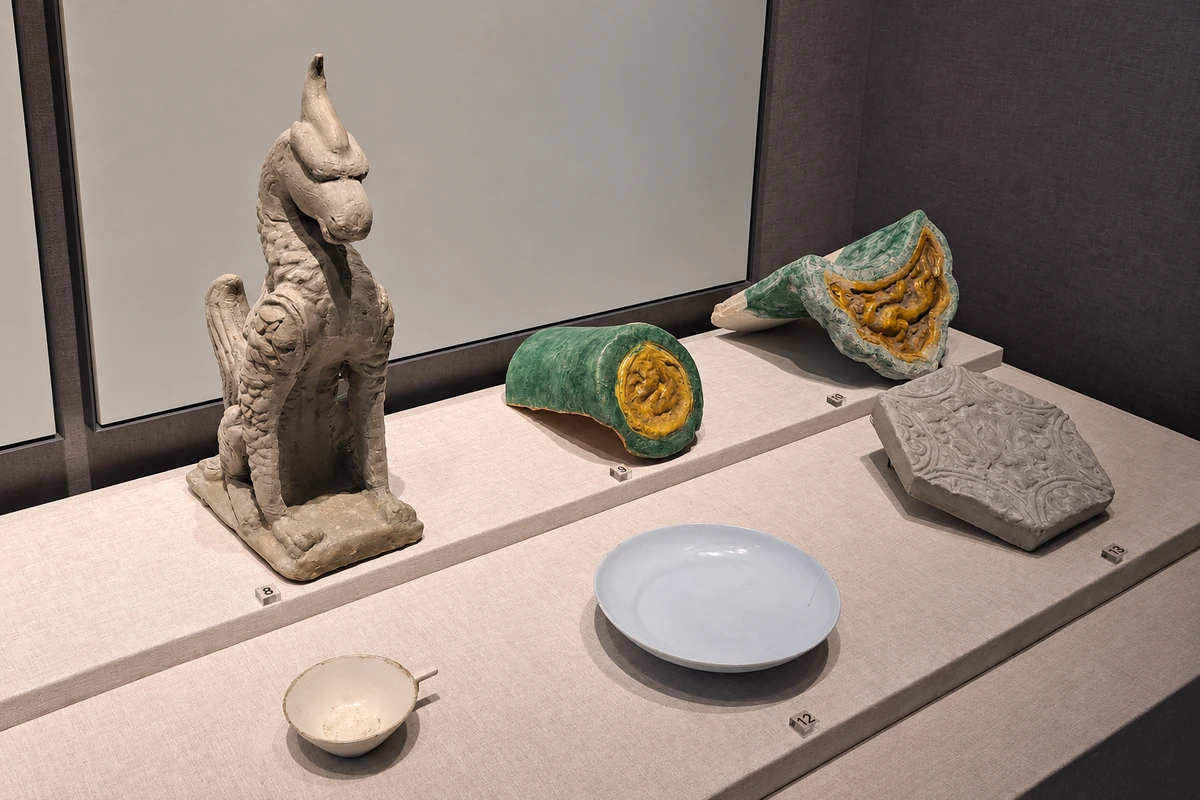 元代脊兽与龙纹瓦当（展陈组合）：脊兽和瓦当在同一展柜中呈现屋顶不同位置的构件，立体兽形与圆形纹面承担不同任务。