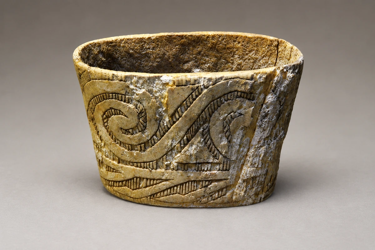 卡约文化旋纹骨筒：旋转纹样沿短筒形骨材展开，器口、器壁与刻纹共同展示材料加工。