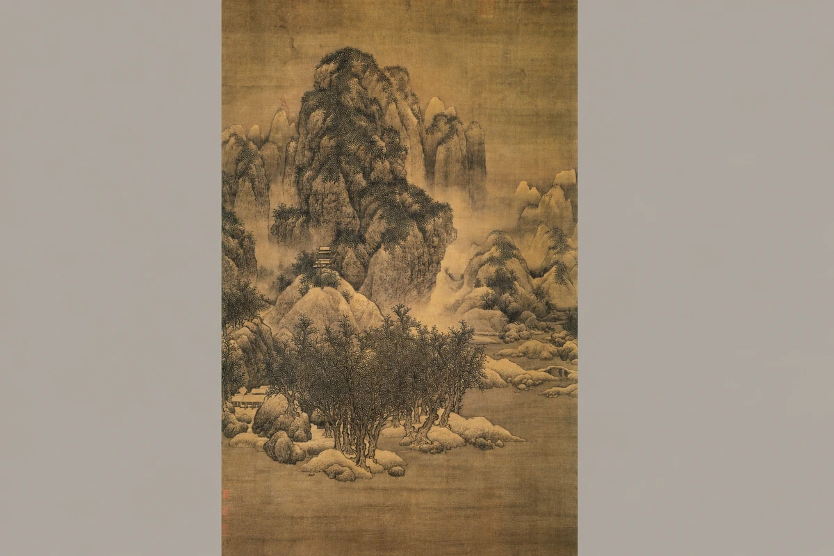 雪景寒林图:雪中的山林由浓墨与留白共同建立体积,山脚树木与远峰形成层层递进的观看路径。