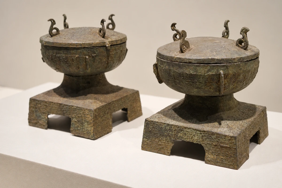羽翅纹簋（展陈组合）：参考照片同时呈现两件带盖簋，方座、盖上立耳与器身羽翅纹显示不同层次的造型。