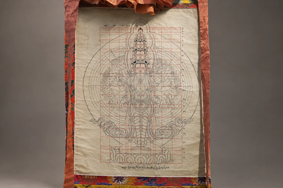 十一面观音菩萨造像度量唐卡:白描人物与红色度量线在同一画面叠合,把造像构图的比例关系直接呈现给观看者。