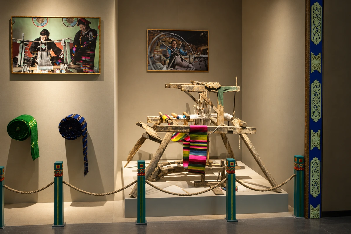 藏族纺织工具（历史展陈）：织机、线轮与织物在保护栏内形成工作场景，让材料、操作与成品可以相互比较。