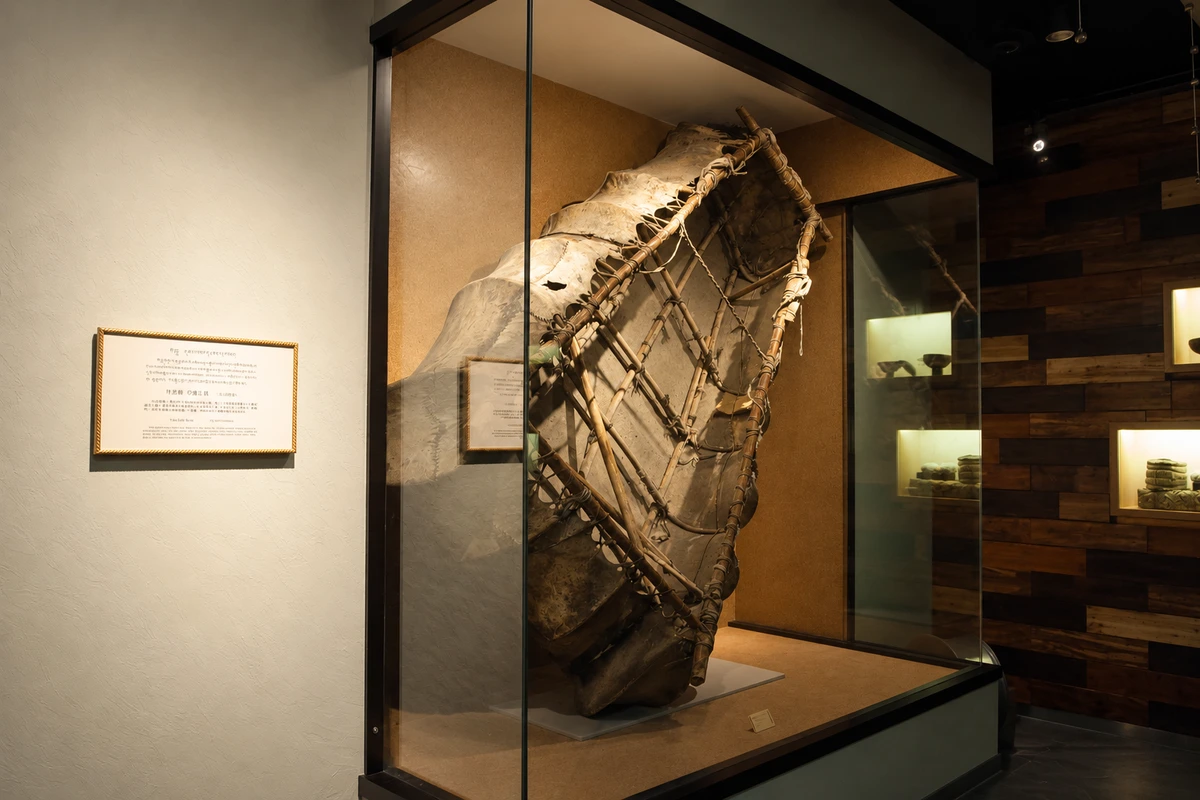 牛皮舟（历史展陈）：舟体皮面和内部木架呈现渡河工具的结构，将高原河流生活与材料经验联系起来。