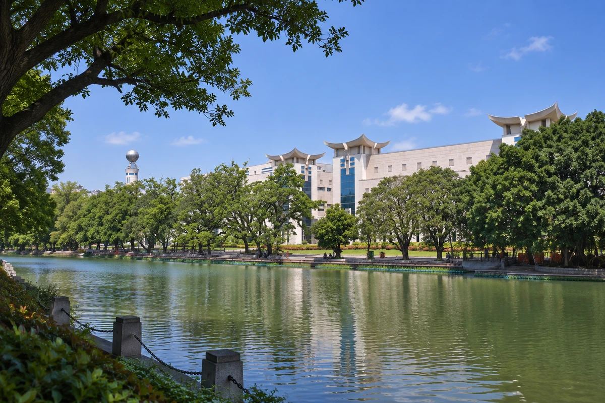 湖面与白色馆舍：参考中的湖水、绿植与白色馆舍一起呈现西湖馆区，保留真实可见的岸线和建筑关系。