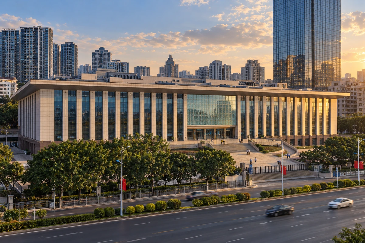 前场与城市的晚光：侧前方的前场与城市背景保留参考关系，晚光为AI演绎，不增加未见馆舍或额外屋顶。