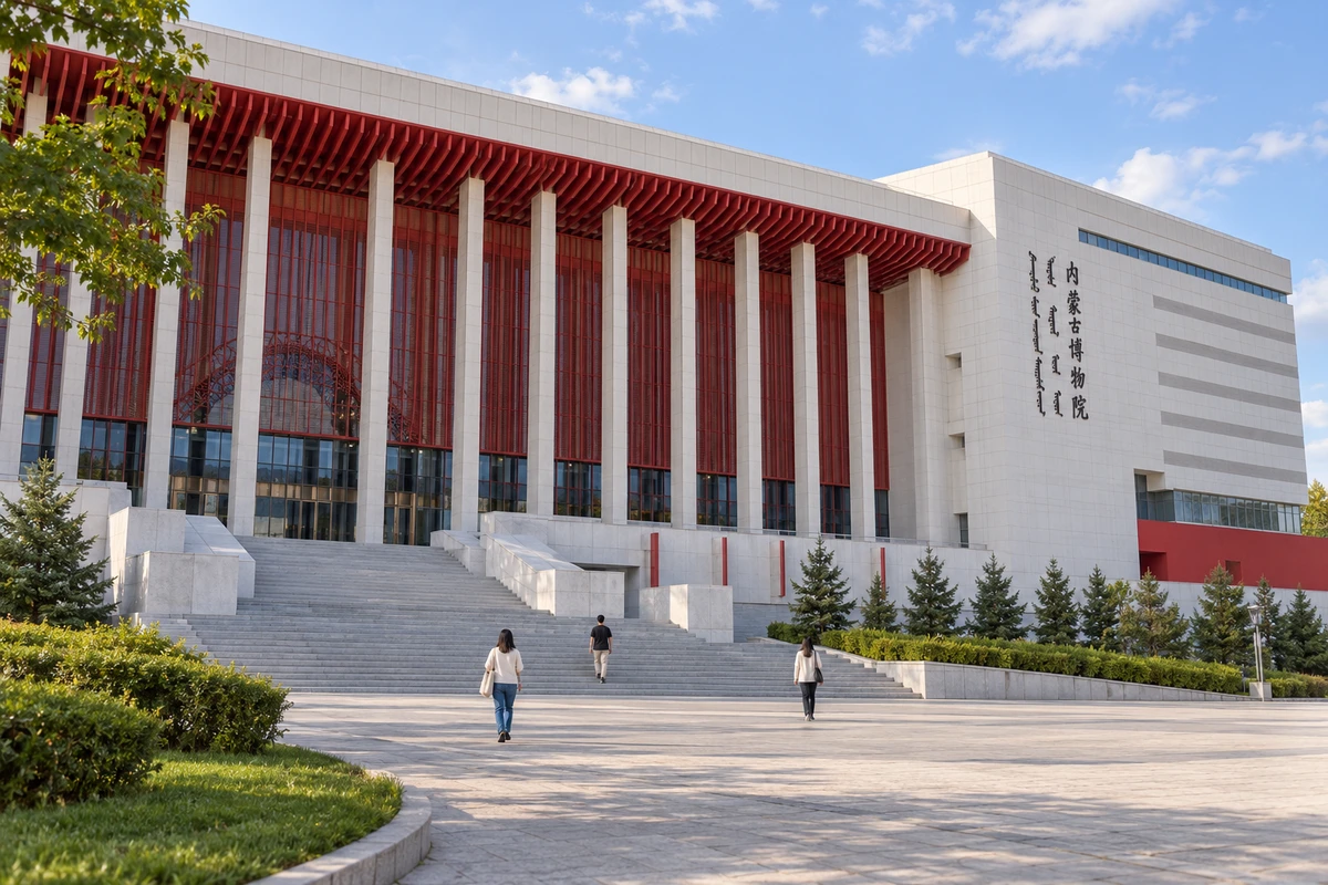 走近新的入口：少量参观者走在参考中可见的广场路径上，红白建筑保持完整身份，人物与活动不作真实事件记录。