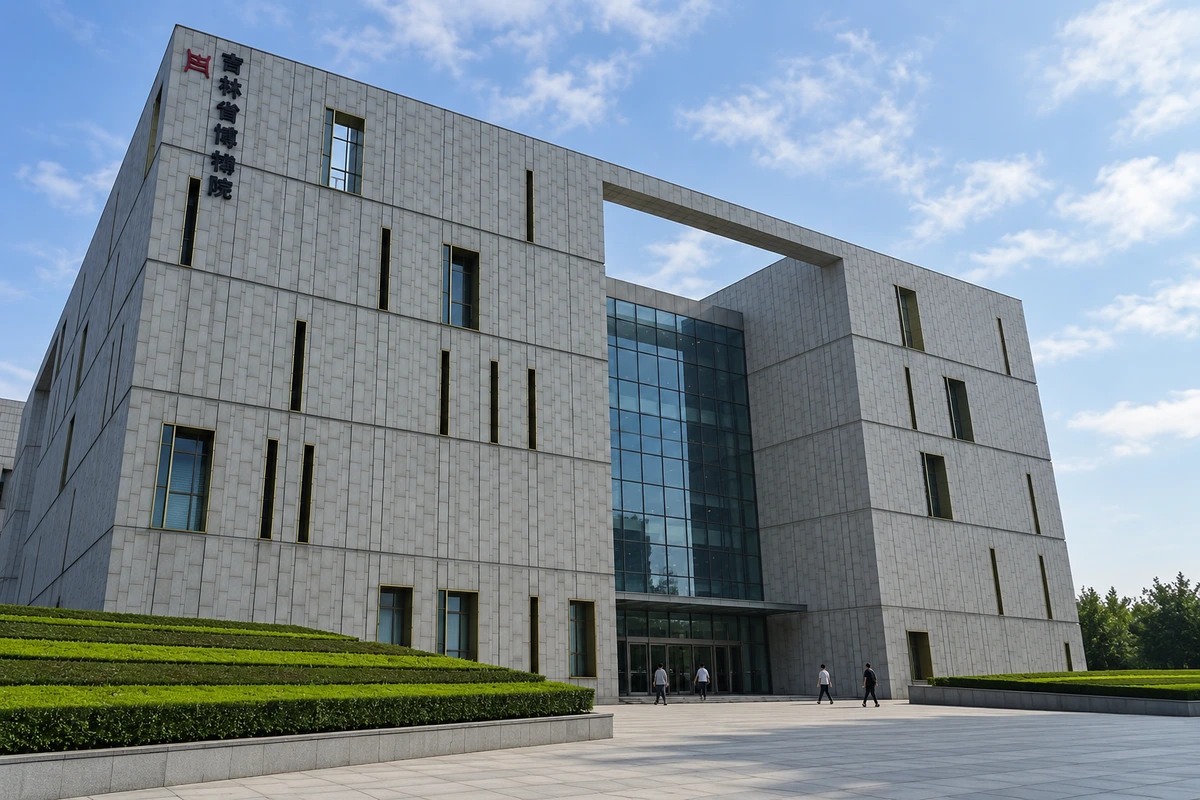 入口廊框的横向节奏：正面石材廊框、透明玻璃与台阶保持参考布局，斜向光线让不同深度的构件逐渐显现。